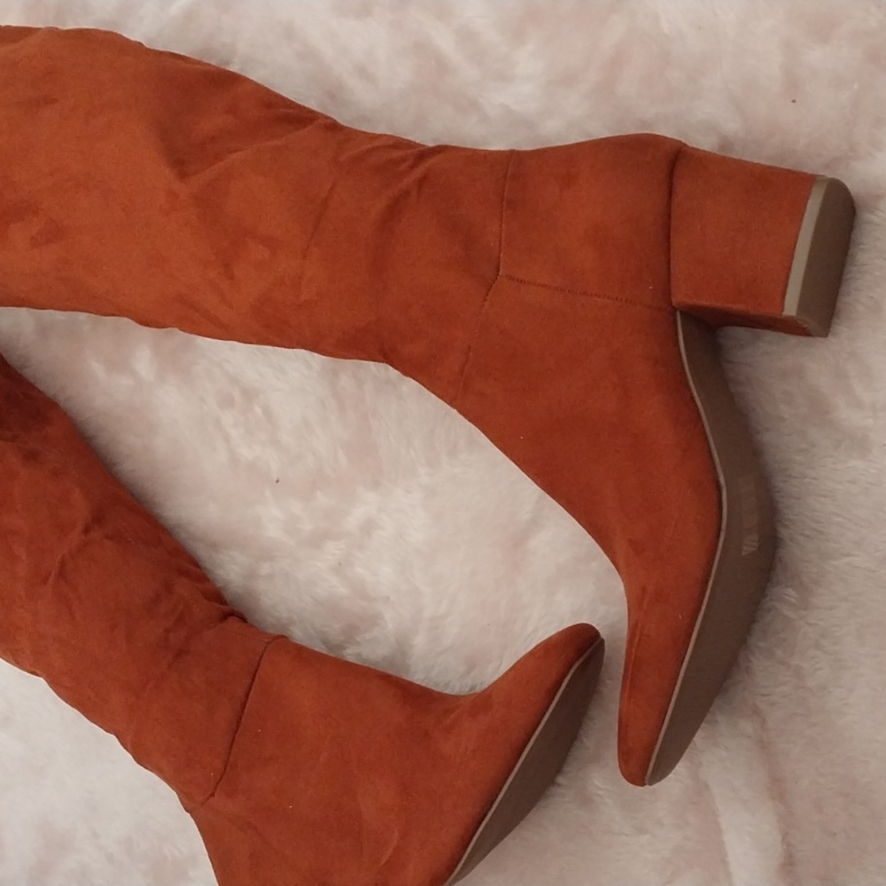 TU rust orange suedette soft feel knee high block heel zip cowboy boots 5 - Picture 3 of 9